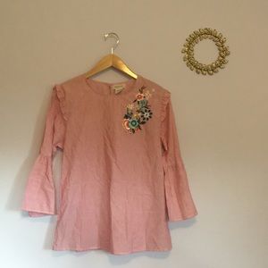 Bell sleeve embroidered ruffle top